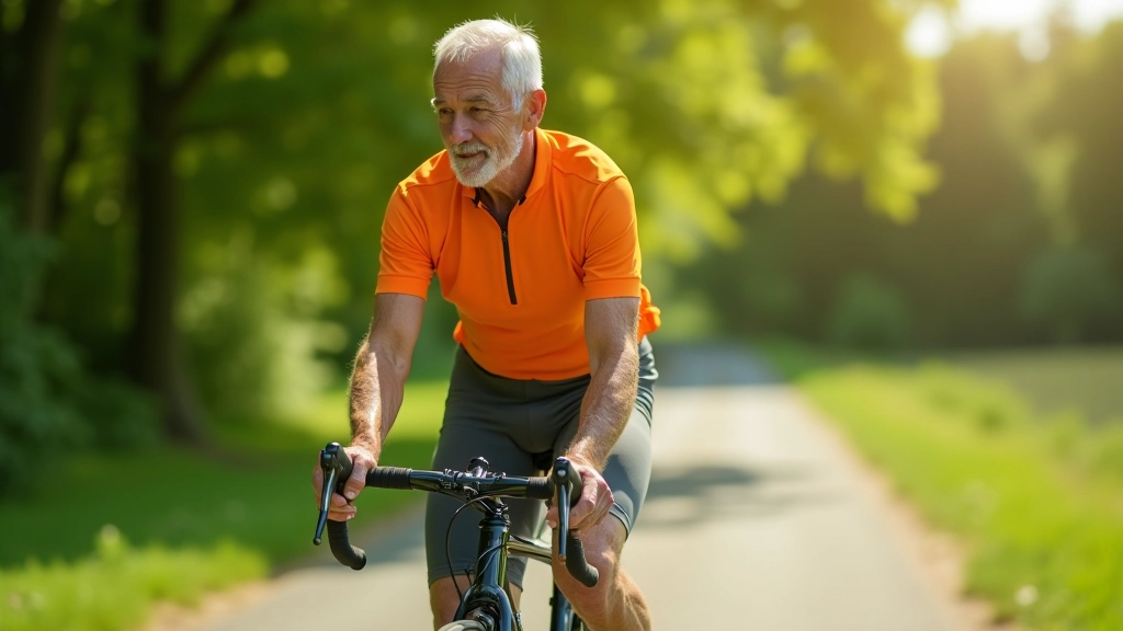Starší cyklista jedoucí po rovinaté cyklostezce podél řeky, slunečný den